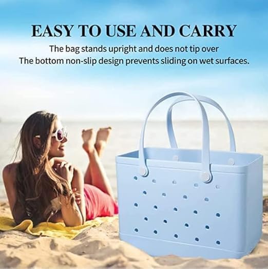 Woman lying on a beach towel beside a light blue tote, with text noting it stands upright and has a non-slip base. 8