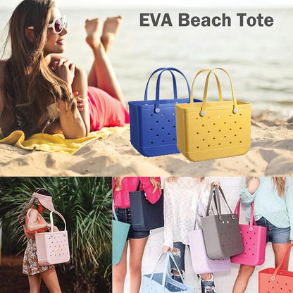 Collage with a woman on a sandy beach, blue and yellow totes, a woman in a visor with a pink tote, and women holding several colours. 9