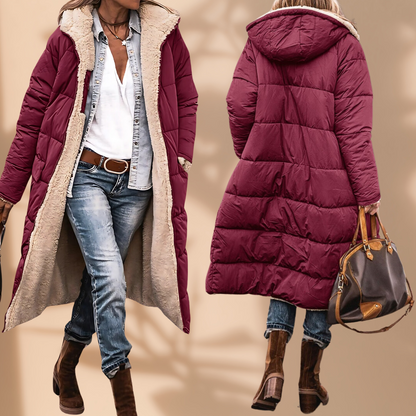 Burgundy quilted long coat with cream fleece lining, shown from front and back on a beige backdrop 1