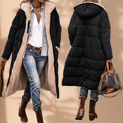 Black quilted long coat with cream fleece lining, front and back views of a model with jeans and boots 2
