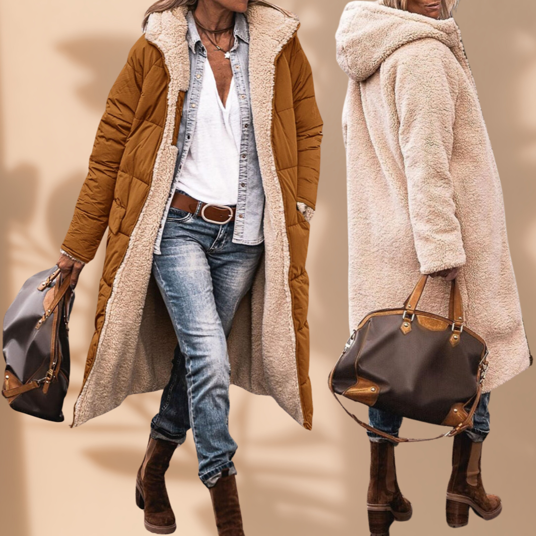 Camel-brown quilted coat open at the front, beside a back view of its fluffy cream fleece side 3
