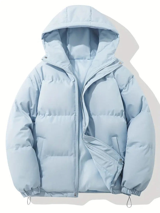 Pale blue hooded puffer jacket laid flat, zip partly open, with elasticated cuffs and toggles 1