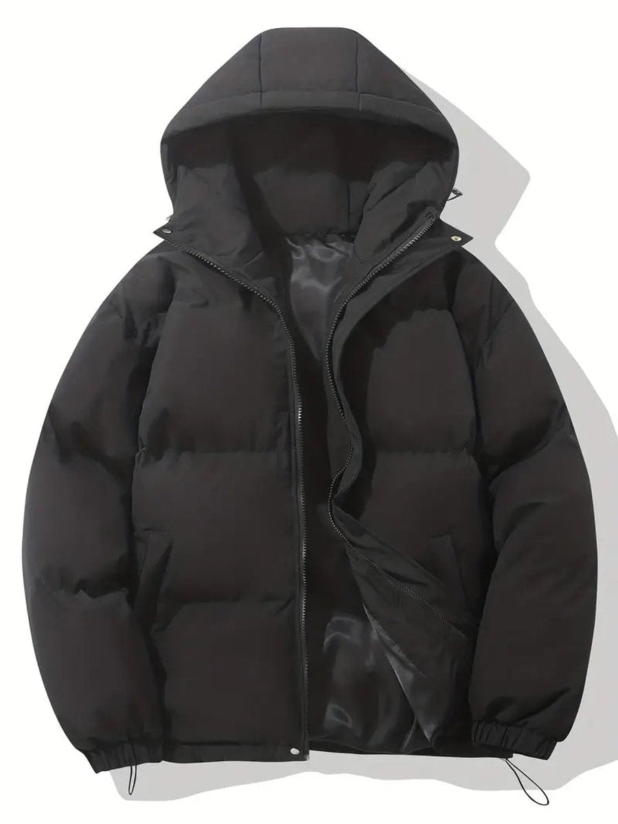 Black hooded puffer jacket laid flat, zip partly open to show the smooth satin-look lining 2
