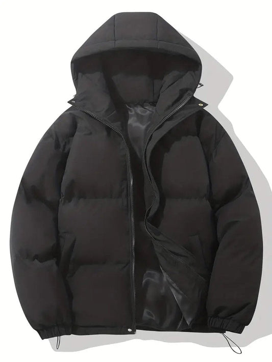 Black hooded puffer jacket laid flat, zip partly open to show the smooth satin-look lining 2