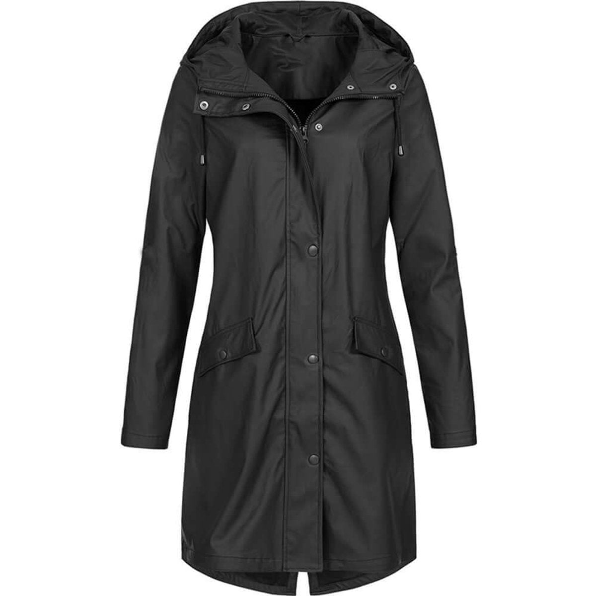 Front view of the long hooded coat in black, with zip and popper fastening, drawcord hood and two flap pockets. 1