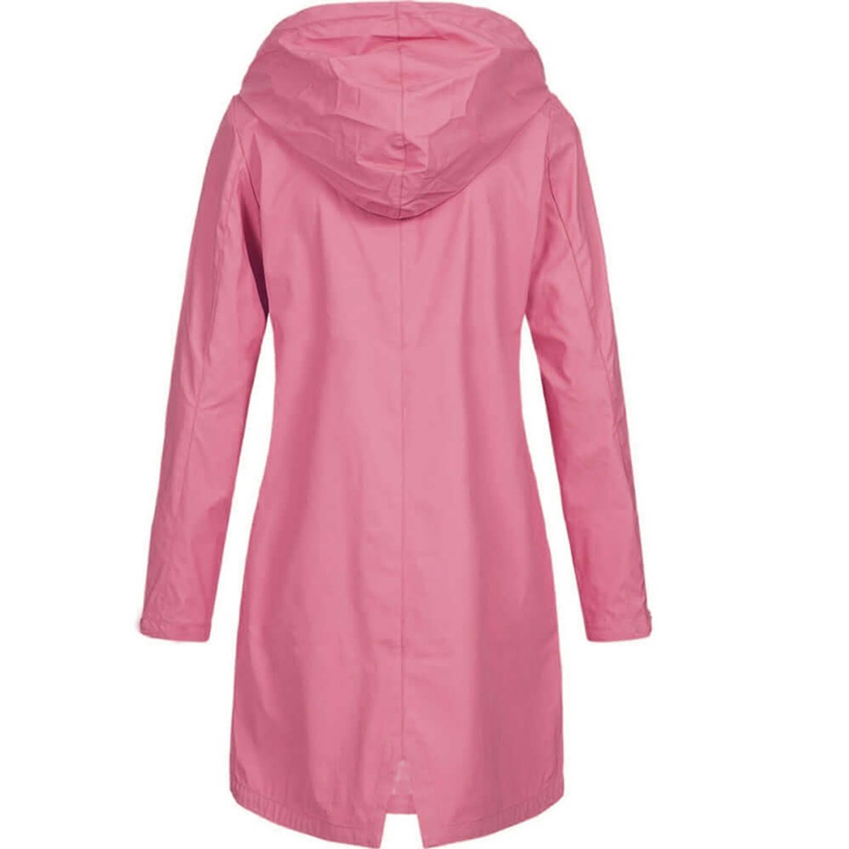 Back view of the pink hooded coat, showing the hood, the centre back seam and the vent at the hem. 10