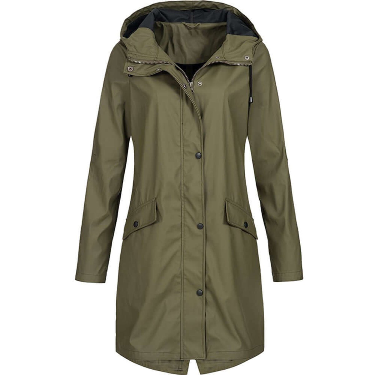 Front view of the long hooded coat in olive green, showing the popper placket, flap pockets and black hood lining. 2