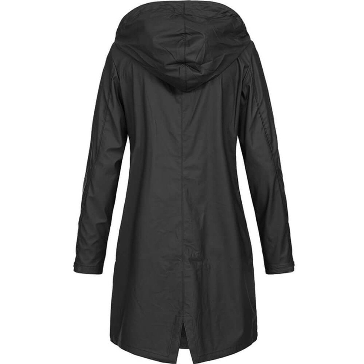 Back view of the black hooded coat, showing the centre back seam, the hood and the vent at the hem. 3