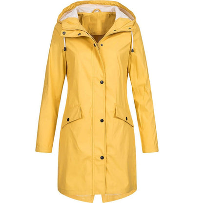 Front view of the long hooded coat in yellow, with a pale hood lining, white drawcords and popper-fastened flap pockets. 4