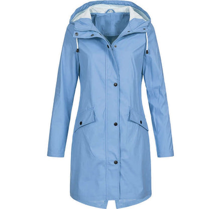 Front view of the long hooded coat in light blue, with white drawcords, a pale hood lining and flap pockets. 5
