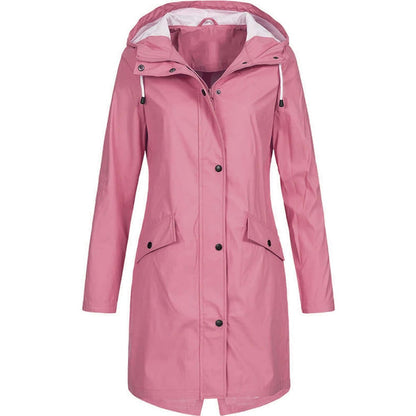 Front view of the long hooded coat in pink, with white drawcords, a pale hood lining and popper-fastened flap pockets. 6