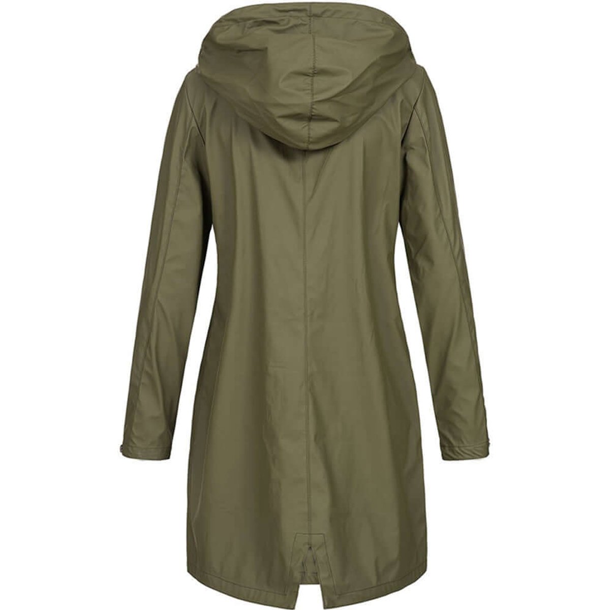 Back view of the olive green hooded coat, showing the hood, the centre back seam and the vent at the hem. 7