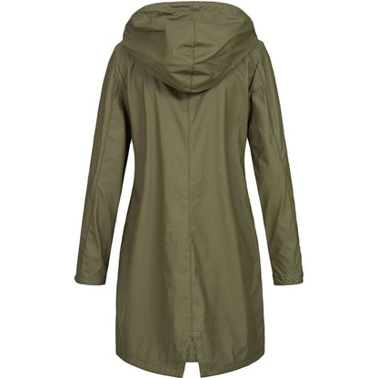 Back view of the olive green hooded coat, showing the hood, the centre back seam and the vent at the hem. 7
