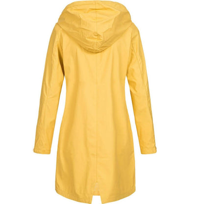 Back view of the yellow hooded coat, showing the shaped hood, the centre back seam and the vent at the hem. 8