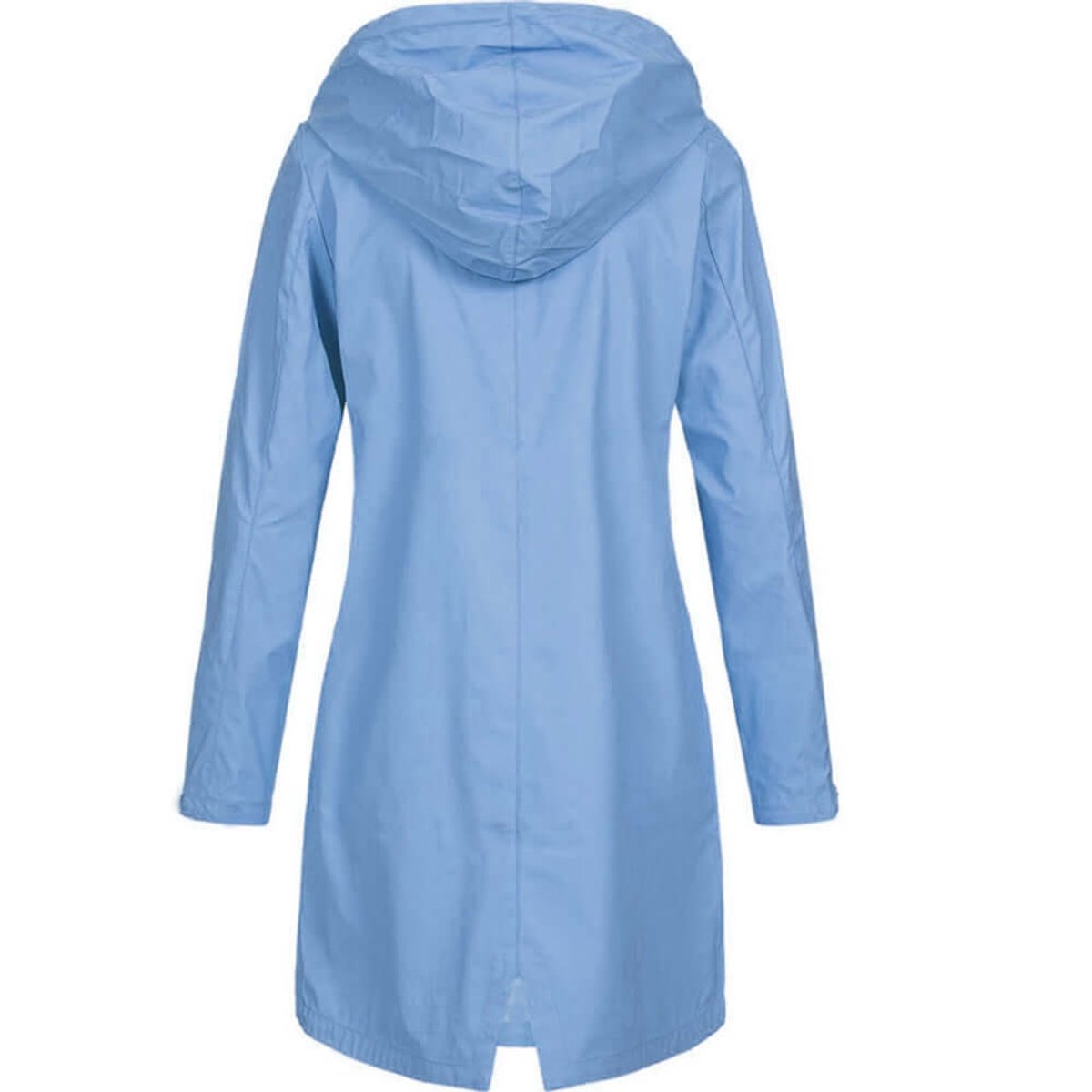 Back view of the light blue hooded coat, showing the hood, long sleeves and the vent at the hem. 9