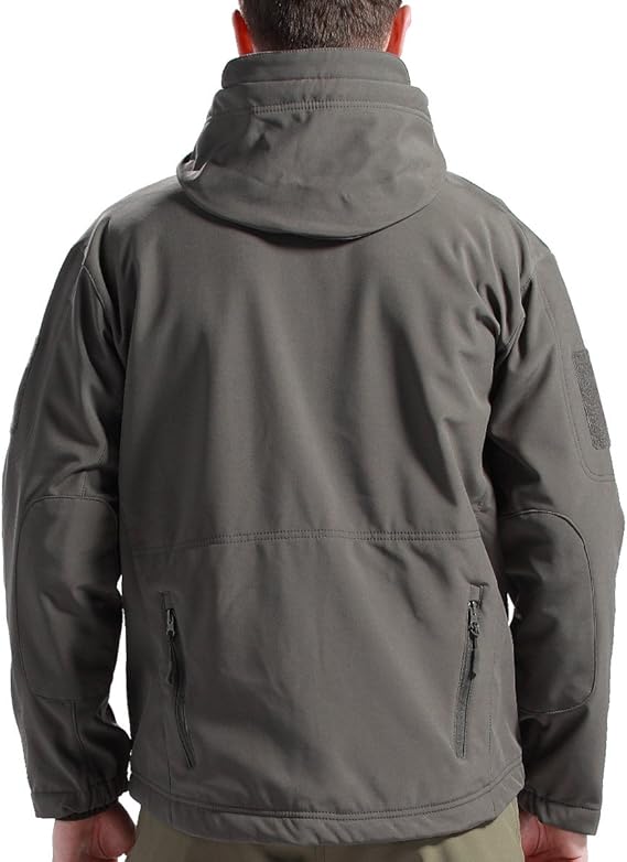 Back view of the grey hooded jacket on a model, showing the hood, elbow patches and zipped lower back pockets. 9