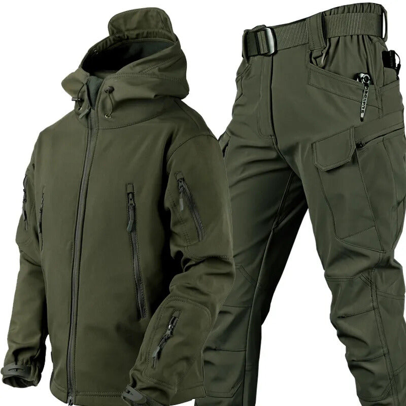 Olive green hooded jacket and matching cargo trousers with belt shown together, featuring multiple zipped pockets and a fleece-lined hood. 12