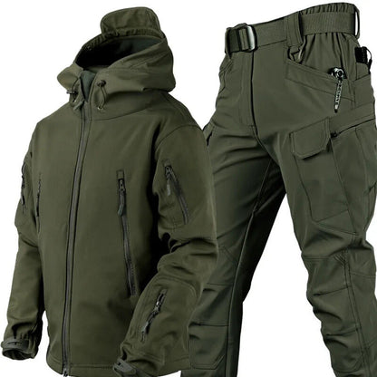 Olive green hooded jacket and matching cargo trousers with belt shown together, featuring multiple zipped pockets and a fleece-lined hood. 12