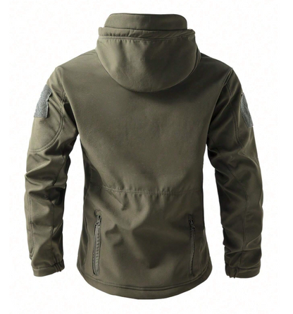 Olive green jacket displayed flat from behind, showing the hood, stitched back panel, grey sleeve patches and zipped lower pockets. 6