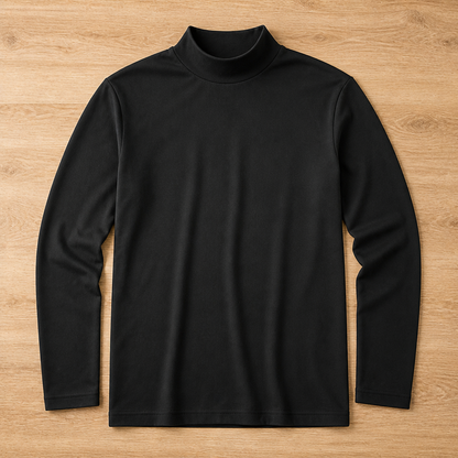 Black long sleeve high-neck tee laid flat on a wooden floor, shown from the front with sleeves down. 10